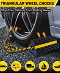 Heavy Duty Rubber Wheel Chocks With 30 Inch Nylon Rope And Reflective Yellow Tape securing vehicle on asphalt surface