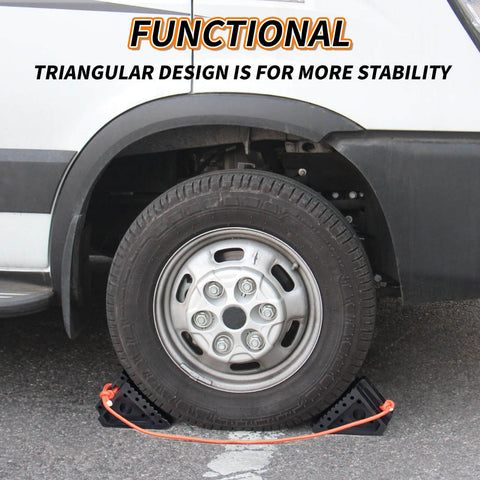 Premium Rubber Wheel Chocks With Carry Handles For RVs And Trailers, Solid Tire Chocks installed under vehicle tire