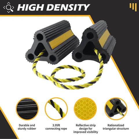 Heavy Duty Rubber Wheel Chocks For RVs, Trailers, Campers, Trucks And Aircraft With Three Reflective Strips And Included Rope