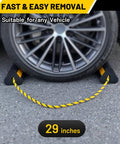 Heavy Duty Rubber Wheel Chocks Four Pack With Rope For RV Trailer Camper Truck Car Aircraft Anti Roll Traction Blocks With Three Reflective Strips Durable Tire Immobilizers For Safe Parking And Prevent Rolling shown in use with vehicle wheel on pavement