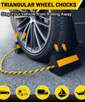 Heavy Duty Rubber Wheel Chocks Four Pack With Rope For RV Trailer Camper Truck Car Aircraft Anti Roll Traction Blocks With Three Reflective Strips Durable Tire Immobilizers For Safe Parking And Prevent Rolling shown supporting a car tire.