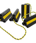 Heavy Duty Rubber Wheel Chocks For Travel Trailers Campers RVs And Cars With Nylon Rope And Yellow Reflective Tape Size Four Point Two Inches By Four Point Seven Inches By Eight Point Two Inches Nine Lbs Total Weight Two Pairs Four Pack Sturdy Tire