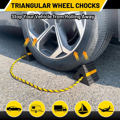 Versatile Rubber Wheel Chocks With Three Yellow Reflective Strips For RVs, Trailers, Campers, Trucks, Cars, Aircraft, Boats And More