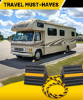 Versatile Rubber Wheel Chocks With Three Yellow Reflective Strips for RVs, trailers, campers, heavy duty tire stop blocks