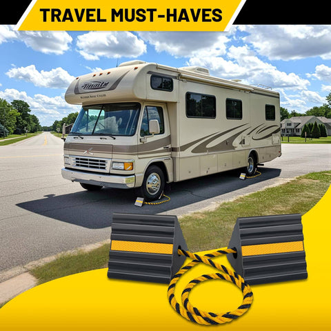 Versatile Rubber Wheel Chocks With Three Yellow Reflective Strips for RVs, trailers, campers, heavy duty tire stop blocks