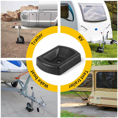 Heavy Duty Rubber Wheel Dock For Trailers With Wheel Chock And Stabilizer Fits 6 Inch Casters Travel Trailer RV Boat Camper Caravans Industrial Grade Nitrile Rubber Oil Water Gasoline Resistant For Secure Parking, shown in use with trailers and RVs.