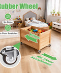 1.5 Inch Stem Casters Set of 4 With Brakes shown on a wooden toy box in child's bedroom, illustrating floor protection and quiet movement