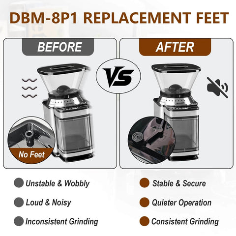 Before and after image of a coffee grinder with Anti Slip Rubber Feet Bumper Set For Coffee Grinders Replacement Push In Base Bumpers.