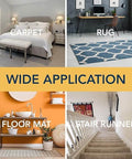 Image showing various applications of a Two Sided Rug Tape Heavy Duty Grip That Keeps Rugs Put, 90 Feet Long, 1.88 Inches Wide, Ultra Sticky Adhesive For Concrete, Tile, Hardwood, Laminate, Indoor And Outdoor Use, Runners, Mats, And Area Rugs in carpeted bedroom, office with rug, bathroom with floor mat, and stair runner.