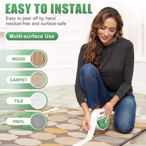 Woman applying Heavy Duty Double Sided Rug Tape For Hardwood Floors And Tile Non Slip Anti Curling Floor Tape.