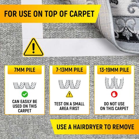 Instruction guide for using Heavy Duty Double Sided Carpet Tape For Area Rugs On Tile And Hardwood Floors No Damage