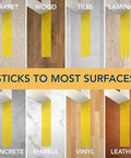 Two Sided Rug Tape Heavy Duty Grip That Keeps Rugs Put, 90 Feet Long, 1.88 Inches Wide, shown on various surfaces.