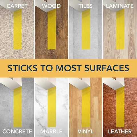 Two Sided Rug Tape Heavy Duty Grip That Keeps Rugs Put, 90 Feet Long, 1.88 Inches Wide, shown on various surfaces.