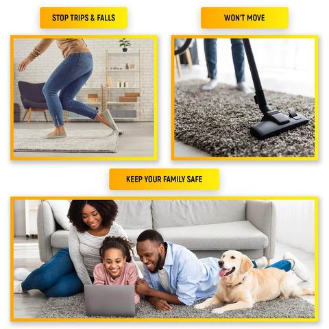 Heavy Duty Double Sided Carpet Tape For Area Rugs On Tile And Hardwood Floors No Damage 105 Feet By 2 Inches Rug Tape For Tile Floors Multi Purpose Strong Adhesive For Carpets And Tiles Sticks Like Crazy, demonstrating secure rug use in family room with pet dog.