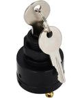 Locking gas cap with two keys on a keyring; black plastic base and silver metal top.