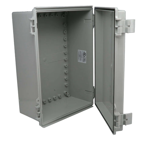 Open Rugged Outdoor NEMA Poly PBT Blend Economy Enclosure Box, Weatherproof IP66 And NEMA 1 2 4 4X Rated, gray, side view