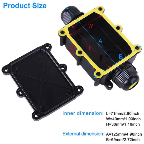 Dimensions and view of Rugged Outdoor Waterproof IP68 Junction Box for Electrical Wiring, covers and M20 cable gland visible