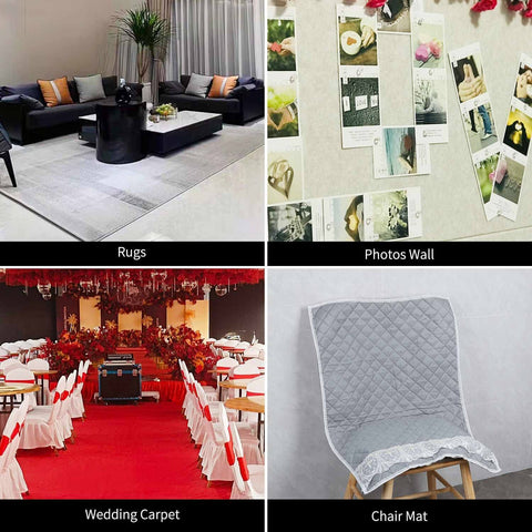 Collage showing uses for Heavy Duty Double Sided Mounting Tape: rugs, photos wall, wedding carpet, and chair mat applications.