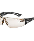 Rush Safety Glasses With Platinum Anti Fog Coating Black Grey Frame CSP Lenses, side view showing sporty design.
