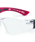 Rush Safety Glasses With Platinum Anti Scratch Anti Fog Coating Black Red Frame, side view, clear lenses, sporty design