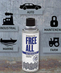 Deep Penetrating Rust Eater Oil 11 Oz Aerosol Free All For Getting Those Bolts Nuts Loose Pipe Connections And Locks Industrial Grade Rust Remover Silicone Free Lubricant Safe On Paint And Plastic Surfaces standing with auto, farm, and industrial use symbols.