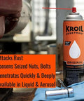 Rust Penetrating Lubricant Corrosion Inhibitor Oil 8 oz can next to machinery with text about rust and penetration properties.