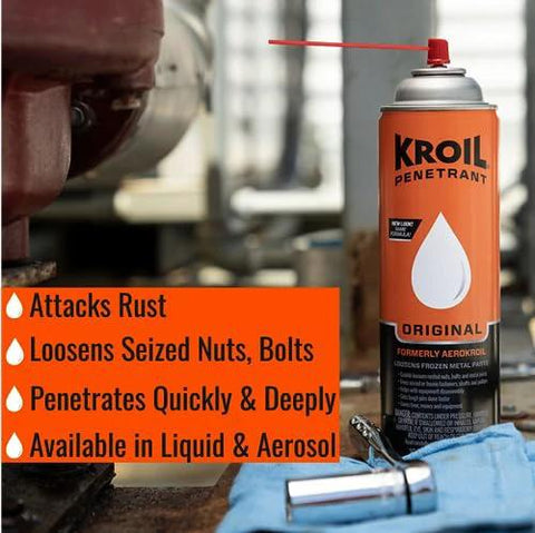 Rust Penetrating Lubricant Corrosion Inhibitor Oil 8 oz can next to machinery with text about rust and penetration properties.