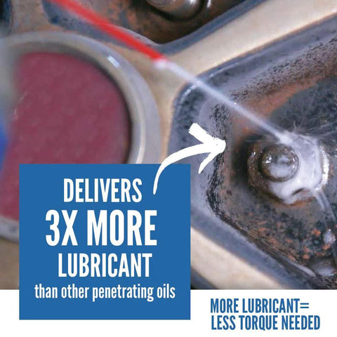 Close-up of Deep Penetrating Rust Eater Oil 11 Oz Aerosol Free All used on rusted bolt, showing lubricant effect on metal surface.