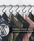 Jeans hanging on S-shaped hooks with rubber head port, showing rust-proof, anti-skidding, and anti-scratch features.