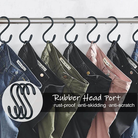 Jeans hanging on S-shaped hooks with rubber head port, showing rust-proof, anti-skidding, and anti-scratch features.