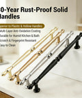 Display of champagne bronze cabinet handles with anti-oxidation coating, durable for kitchen and bath use, easy to clean.