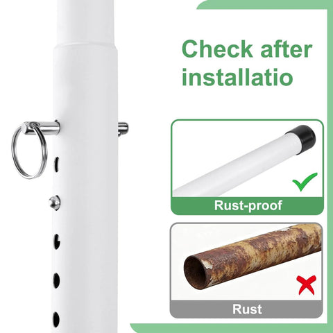 Sliding Door Security Bar, 17-50 inch Adjustable, rust-proof white metal with lock pin and rubber tips, comparison of rust and non-rust bar sections.