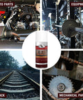Collage showing auto parts, gym equipment, train track, and mechanical parts with Rust Proof Lubricant Spray For Quiet Door Hinges Windows And Garage Doors With Extension Straw 30 Ounce Two Bottle Pack Waterproof Rust Preventative Formula For Automotive And Industrial Use.