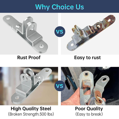 Comparison of rust-proof vs. rust-prone cargo trailer door hasp keeper bar locks, highlighting steel quality and durability.