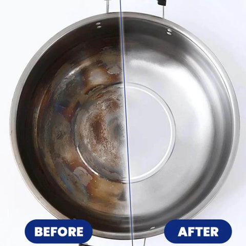 Anti Rust Remover And Lubricant Spray Set showing rust removal on a metal pan, before and after use.