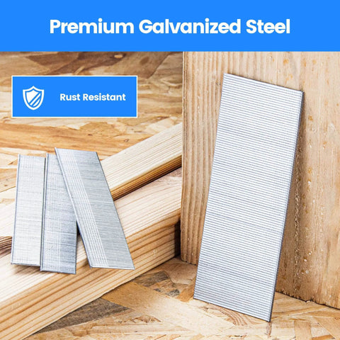 18 Gauge Brad Nails, Assorted 6 Sizes on wood surface, premium galvanized steel, rust-resistant, for pneumatic, electric nailer