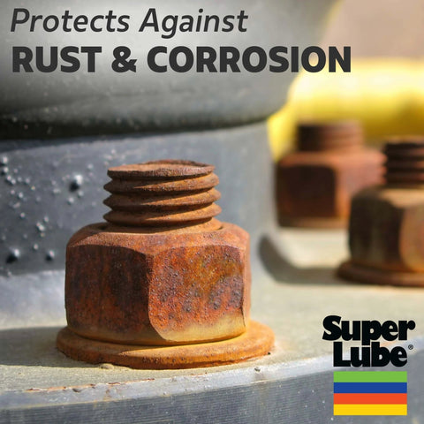 Rusty metal bolt with text 'Protects Against Rust & Corrosion', featuring Super Lube logo, on an industrial surface.