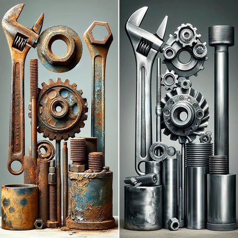 GRITSMITH 12-20 Grit Walnut Shell Media collage of rusty tools and shiny gears