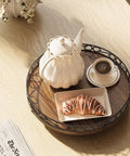 12 Inch Round Wooden Lazy Susan Turntable with coffee set and pastry, farmhouse rustic brown decorative tray on tabletop display