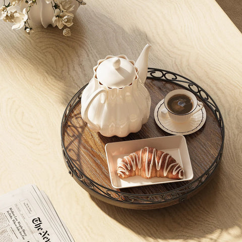 12 Inch Round Wooden Lazy Susan Turntable with coffee set and pastry, farmhouse rustic brown decorative tray on tabletop display