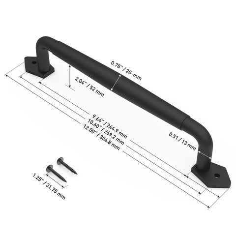 Diagram of 12 Inch Round Rustic Barn Door Handle Black Steel Pull with dimensions and screws for easy install.