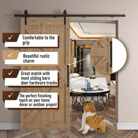 12 Inch Round Rustic Barn Door Handle Black Steel Pull installed on wooden sliding door in living room setup