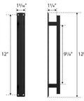 Rustic Barn Door Handle For Sliding Doors, Heavy Duty Long Base Gate Pull, Solid Steel With Frosted Black Finish, side and front view with dimensions