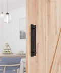 Rustic Barn Door Handle For Sliding Doors, Heavy Duty Long Base Gate Pull, Solid Steel With Frosted Black Finish on wooden door.