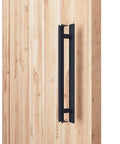 Rustic Barn Door Handle For Sliding Doors, Heavy Duty Long Base Gate Pull, Solid Steel With Frosted Black Finish installed on door