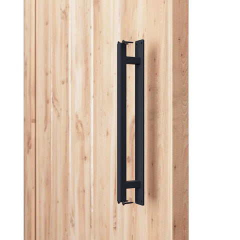 Rustic Barn Door Handle For Sliding Doors, Heavy Duty Long Base Gate Pull, Solid Steel With Frosted Black Finish installed on door