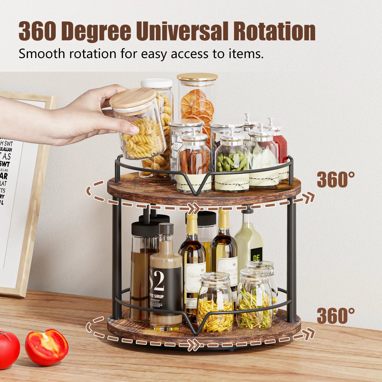 Rustic Wooden Lazy Susan Spice Rack - Two Tier, Easy Acce