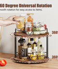 12 Inch Wood Lazy Susan Two Tier Rotating Spice Rack Turntable Organizer, rustic brown, holding jars and bottles, 360-degree rotation.