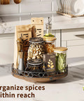 12 Inch Round Wooden Lazy Susan Turntable For Tabletop And Cabinet Farmhouse Rustic Brown Decorative Tray with spices and jars on kitchen counter