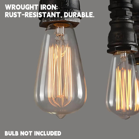 Close-up of wrought iron detail in Rustic Industrial Tube Pipe Chandelier With Five Light Edison Style Steampunk Pendant Light Fixture